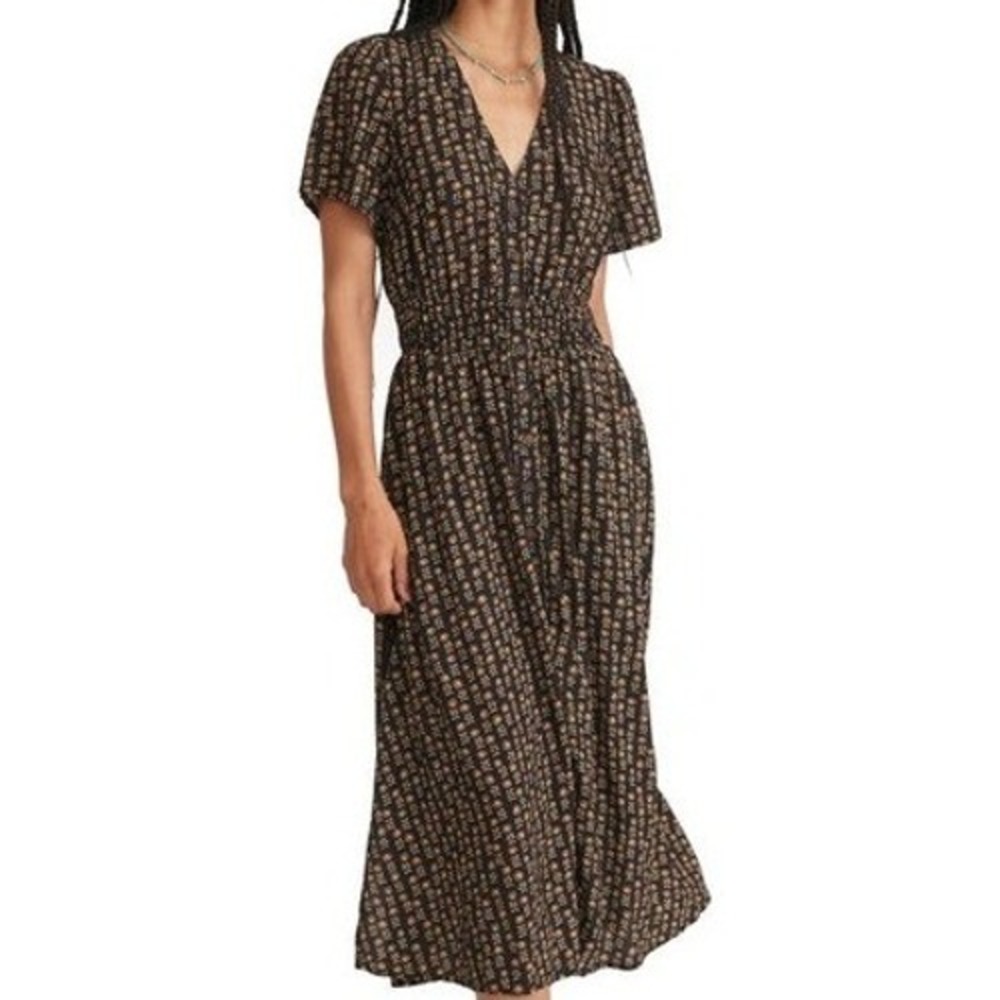 Marine Layer Annika Floral Smocked Waist Midi Dress Black Small